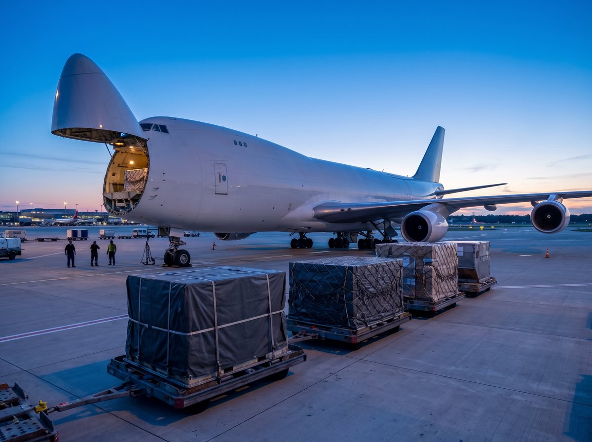 A cargo aircraft on the apron with freight pallets