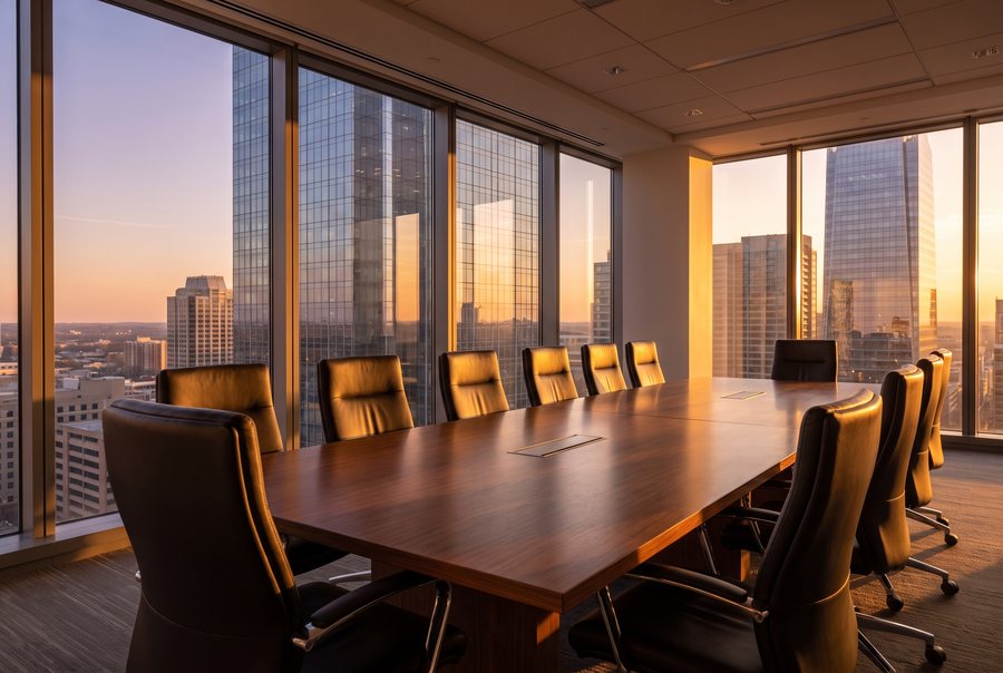 An executive boardroom overlooking a city skyline