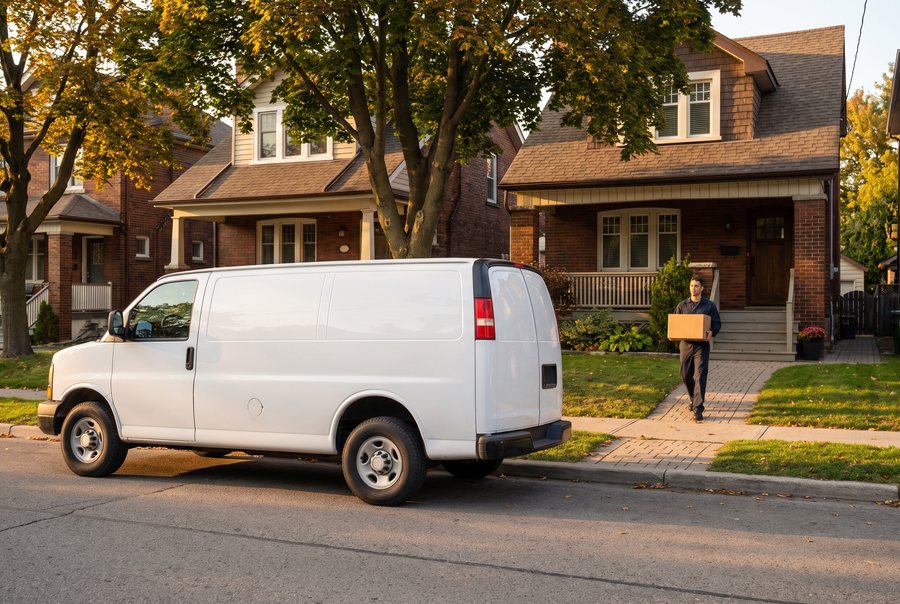A delivery van on a residential street