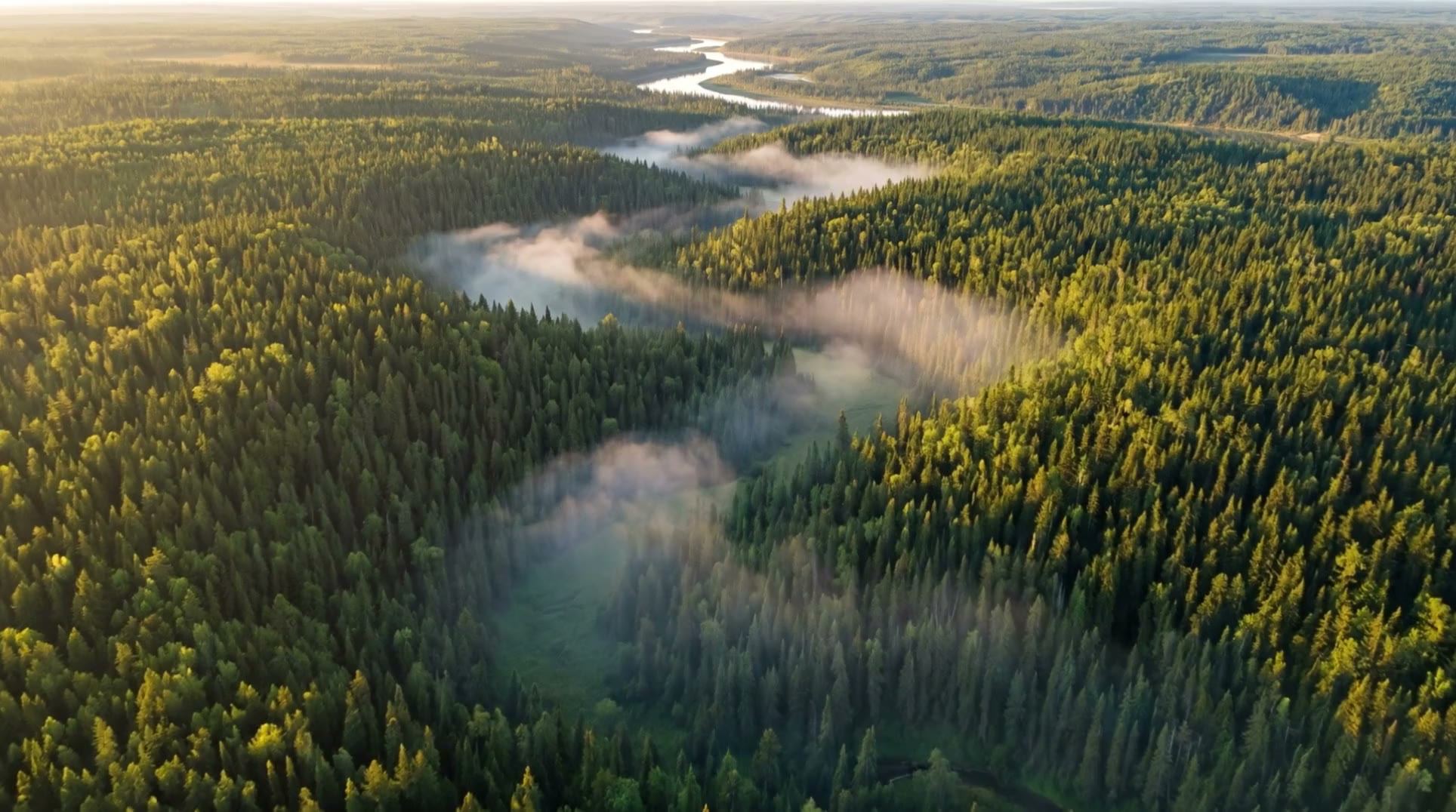 Aerial view over Canadian boreal forest at sunrise