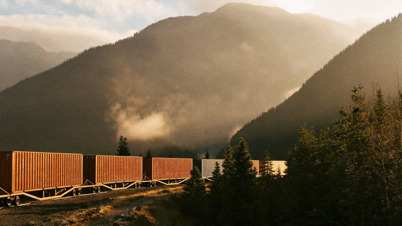 Intermodal container train curving through a mountain valley