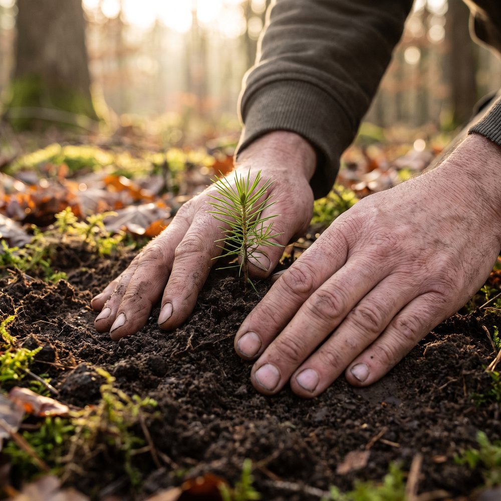 Hands planting a young pine seedling