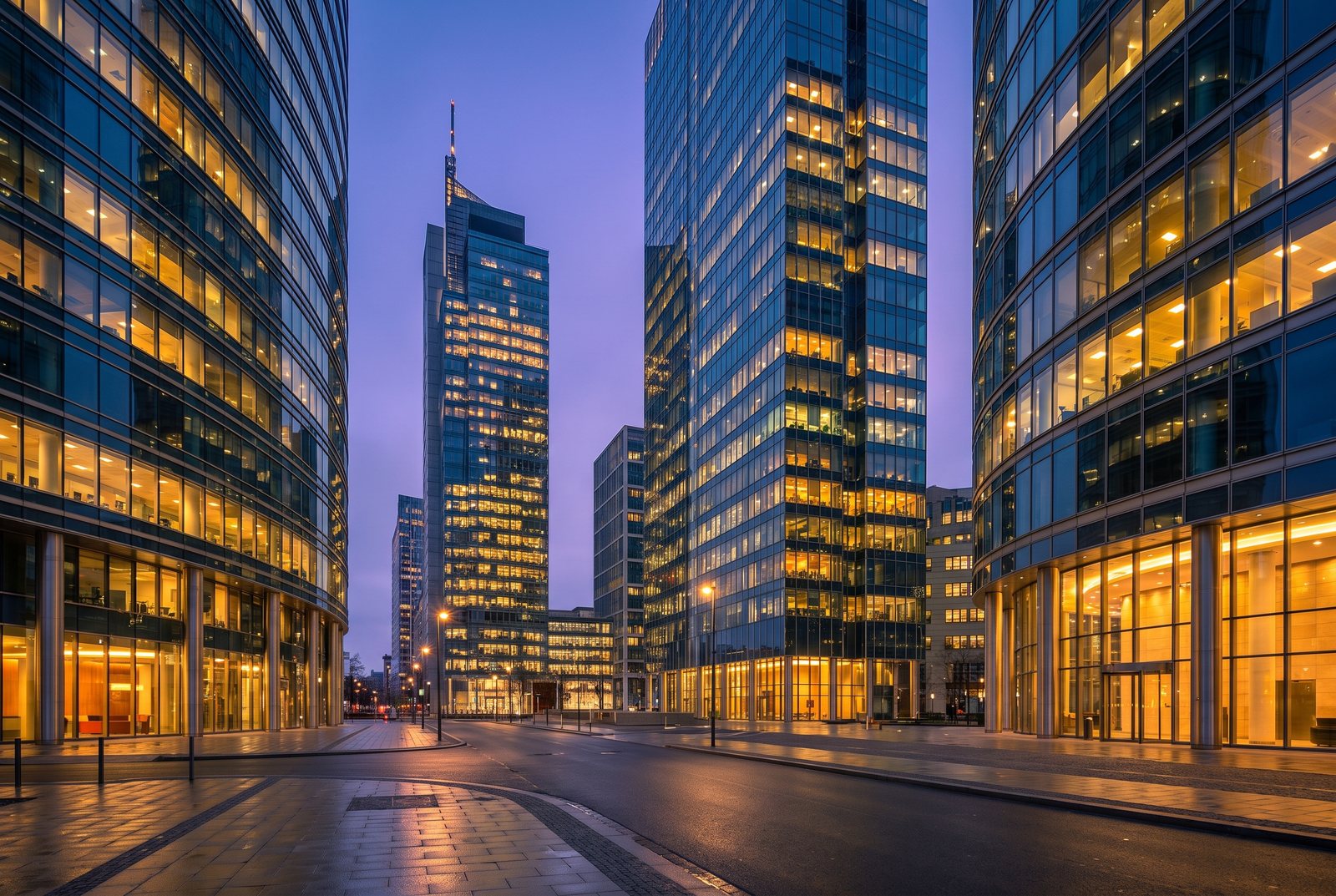 A downtown corporate office district at dusk